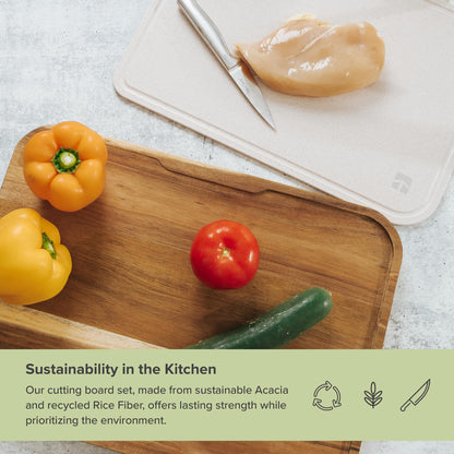KitchenEdge Premium Acacia Cutting Board with Nesting Rice Fiber Chopping Board for Cooking Prep, 2 Piece Kitchen Set, Non-Slip Feet with Juice Groove, Heavy Duty, Pre Oiled, 17” x 12.5”