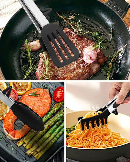Kitchen Tongs for Cooking, Non Scratch Silicone Tip for Nonstick Cooking Pans, Food Grade Mini Serving Tongs, Pull Lock, Set of 3, Black (BLack, 12 inch)