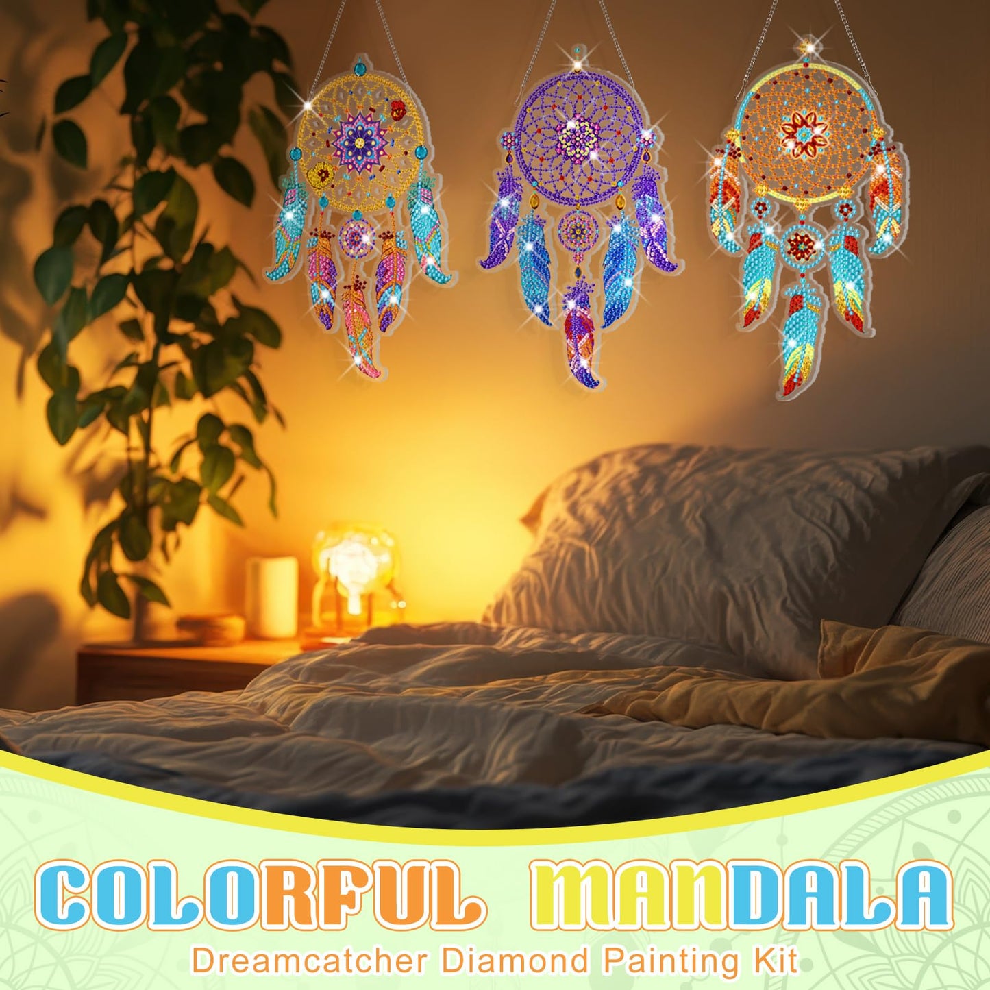 Honoson 6 Pcs Mandala Dream Catcher Diamond Painting Kits for Adults Suncatcher Diamond Art Hanging Kits Wind Chimes 5D Rhinestone Suncatcher Crystal Hanging Ornament for DIY Craft Window Home Decor