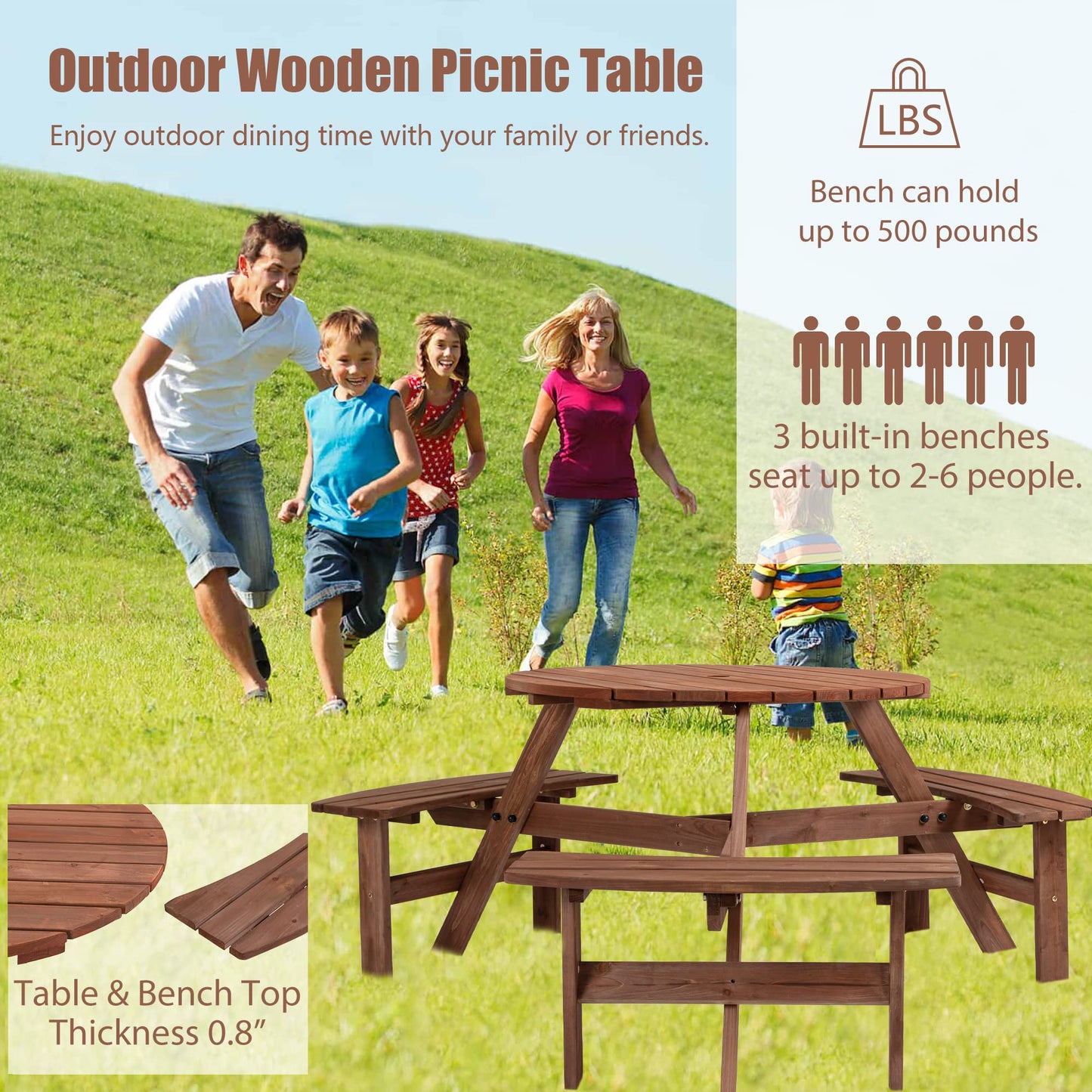 BIFULDYO 6-Person Round Outdoor Table and Chairs for Patio, Backyard, Wooden Garden Picnic Table with 3 Benches, 1720 Lb Capacity (Brown)