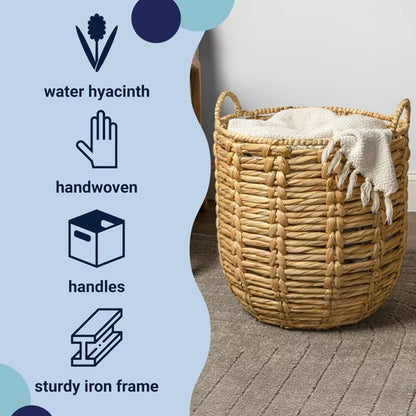 happimess BSK1003A Laurel Bohemian Hand-Woven Abaca Wicker Storage Basket with Handles, Seagrass Container for Decoration in Bedroom, Living Room, Laundry Room, Entryway, Natural