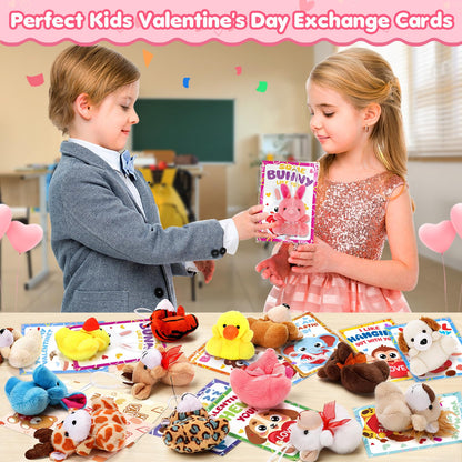 Valentines Day Gifts for Kids Classroom, 24 Pack Valentines Day Cards with Animal Plush Toy, Stuffered Animal Toys for Valentines Gifts Exchange, Kids Valentines Party Favors Supply For Boys Girls