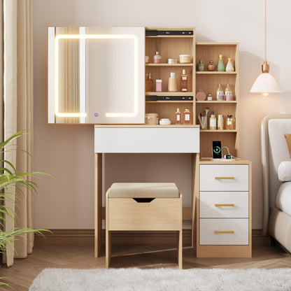 GarveeHome Makeup Vanity Desk with Sliding Mirror, Vanity Dressing Table with 3 Color Adjustable Lights, Girls Vanity Set with Stool, 4 Compact Vanity Drawers, Power Outlet, Natural