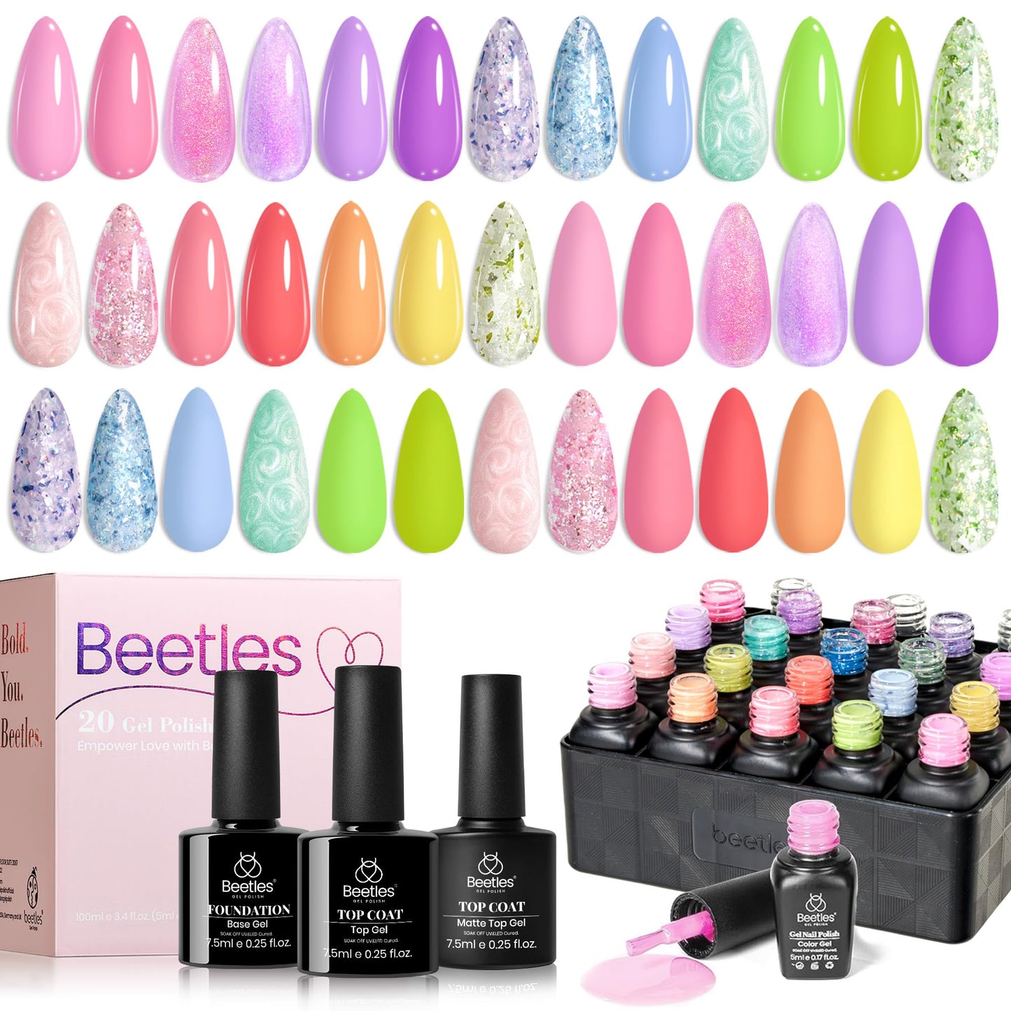 Beetles Cat Eye Gel Polish Set - 24Pcs 20 Colors Glitter Dark Color Changing Gel Nail Polish Kit with Base Gel Glossy Matte Top Coat Soak off UV DIY Nail Art Salon Ombre Black Nails Gift