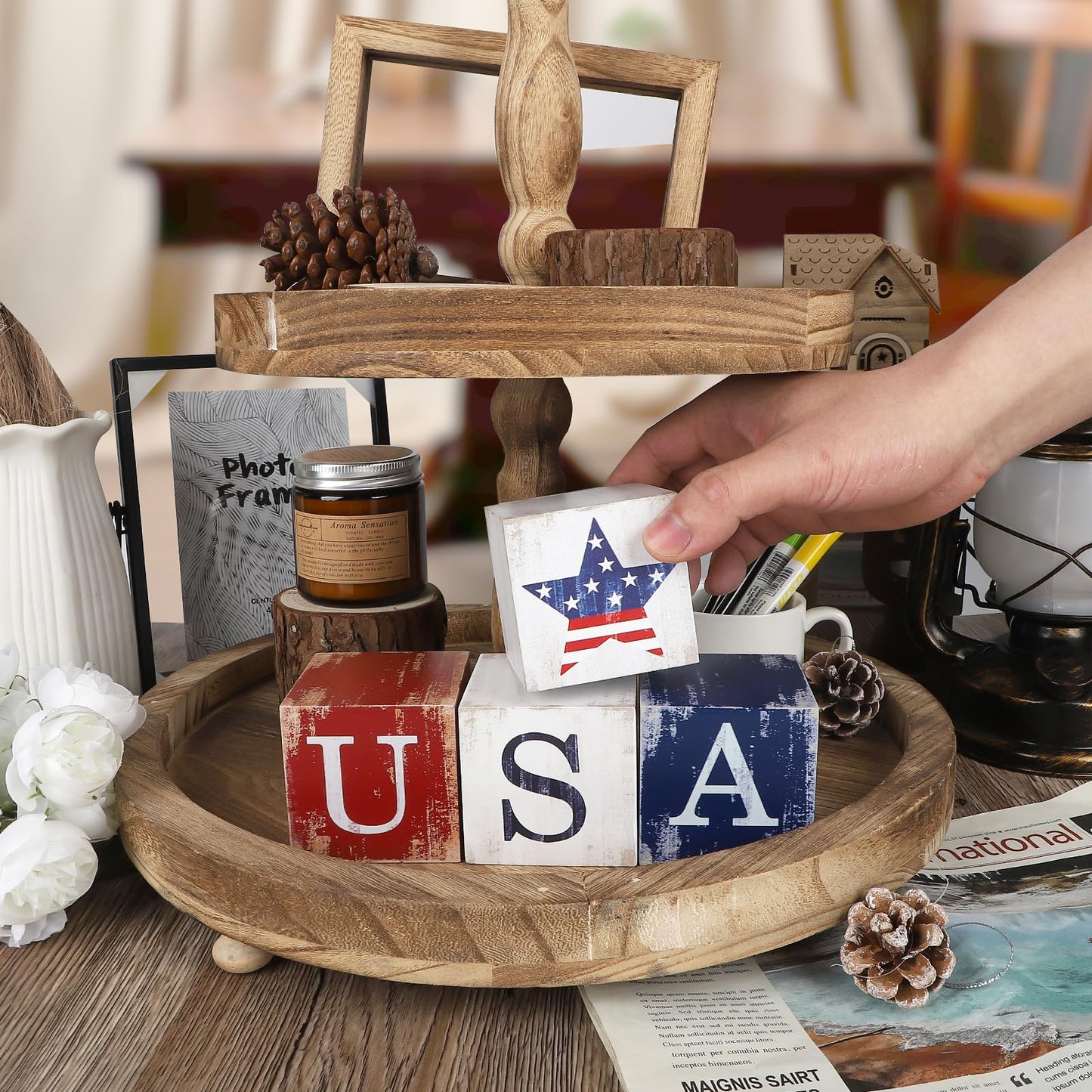 COCHIE 4th of July Decorations Wooden Stars, Patriotic Memorial Day Star Tiered Tray Decor Set of 4, Fourth of July Red White Blue Decoration for Home Office Table Shelf