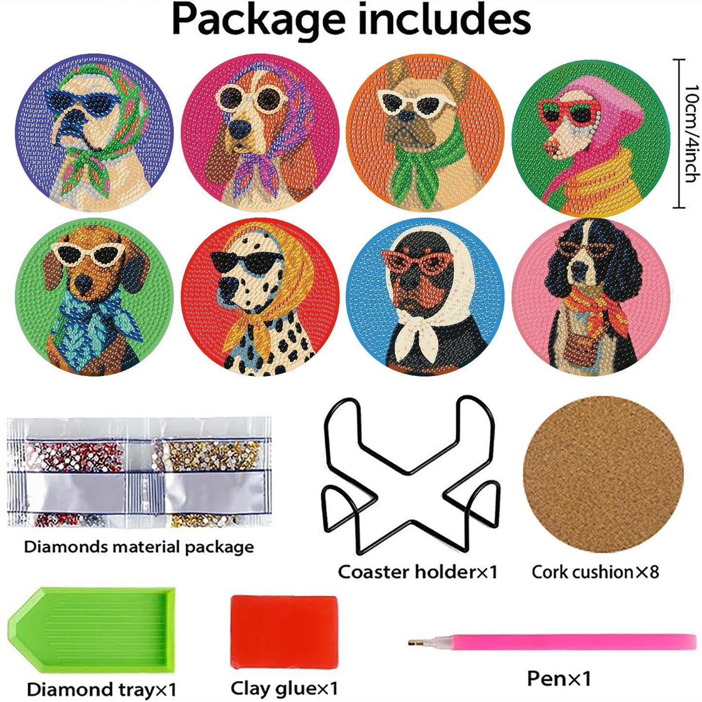 8 Pcs Dog Diamond Painting Coasters Kits with Holder,Dog Wearing Glasses Diamond Art Coasters with Wooden Pad,DIY Round Drill Rhinestone Painting Art Kit Craft for Adults Supplies Gift 4X4 Inch.