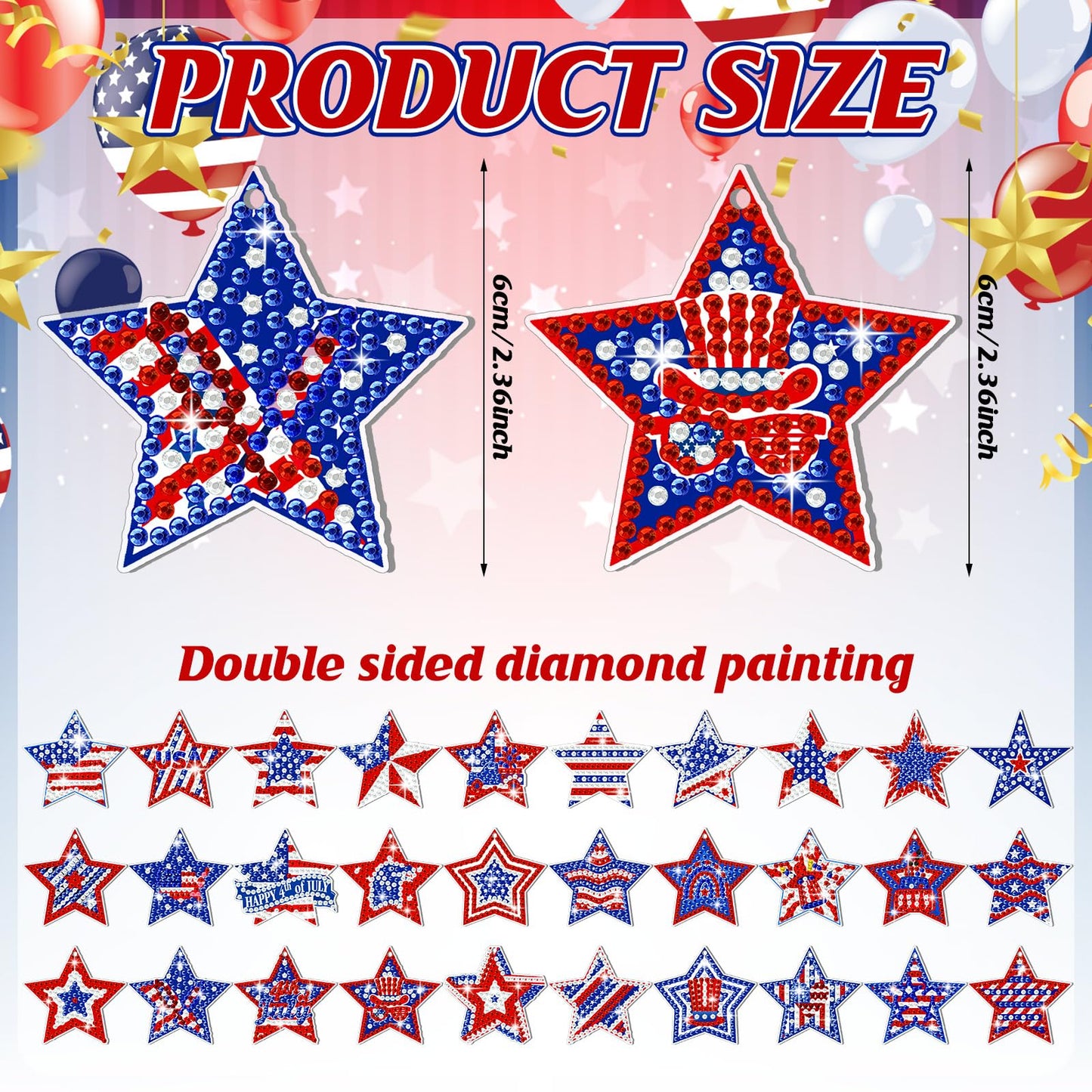 WILLBOND 30 Pcs 4th of July Diamond Art Keychain Kits for Adults Patriotic Diamond Painting Key Ring Double Sided American Flag Red White Blue Star Hanging Ornaments for Independence Day DIY Decor