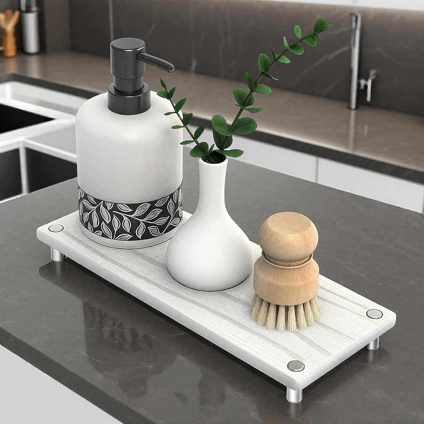 Quick Dry Sink Caddy Kitchen Sink Organizer, Water Absorbing Stone Tray for Sink, Stone Drying Tray, Diatomite Faucet Mat & Protector, Dispenser Sponge Holder, Stone Soap Tray for Bathroom Counter