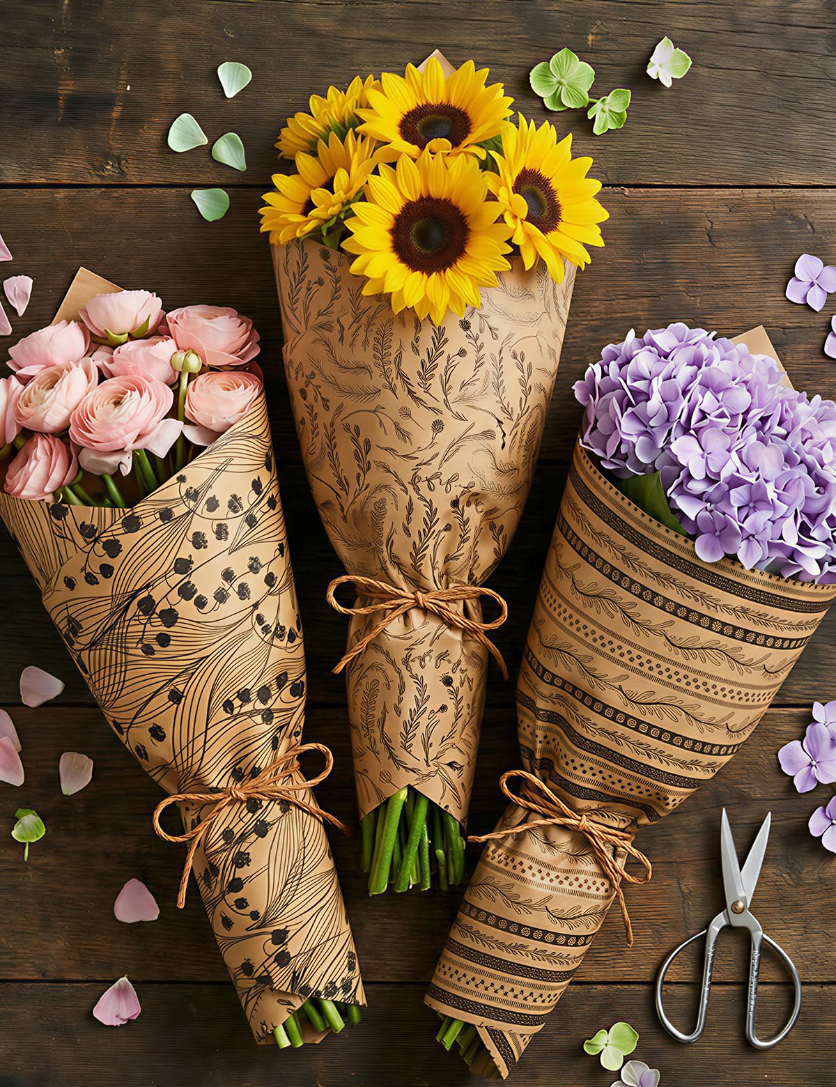 Kraft Floral Wrapping Paper- 3 Mini Rolls, 17 Inch x 9.8 Feet Each- 80gsm Gift Wrapping Paper with 33Ft Wrapping Twine, Grid Lines on Reverse- Perfect for Birthday Mother’s Day Wedding Christian Gifts