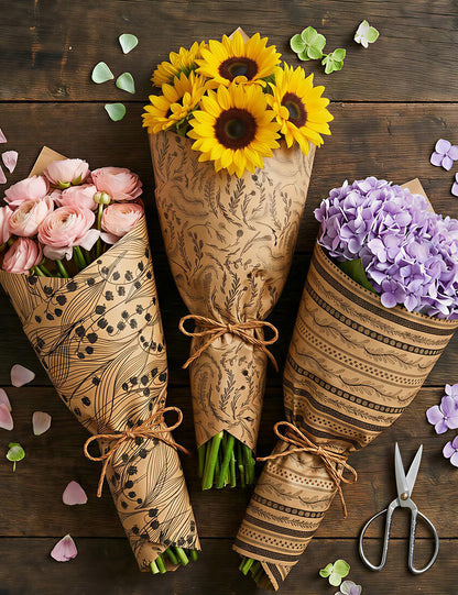 Kraft Floral Wrapping Paper- 3 Mini Rolls, 17 Inch x 9.8 Feet Each- 80gsm Gift Wrapping Paper with 33Ft Wrapping Twine, Grid Lines on Reverse- Perfect for Birthday Mother’s Day Wedding Christian Gifts