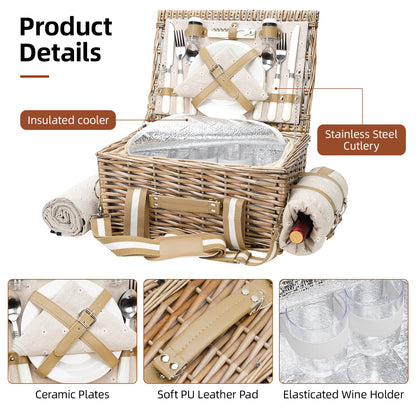 G GOOD GAIN Picnic Basket for 2-19Pcs Wicker Picnic Set with Waterproof Blanket & Wine Bag| Large Picnic Hamper with Insulated Cooler & Cutlery Kit for Couples Camping,White Flower