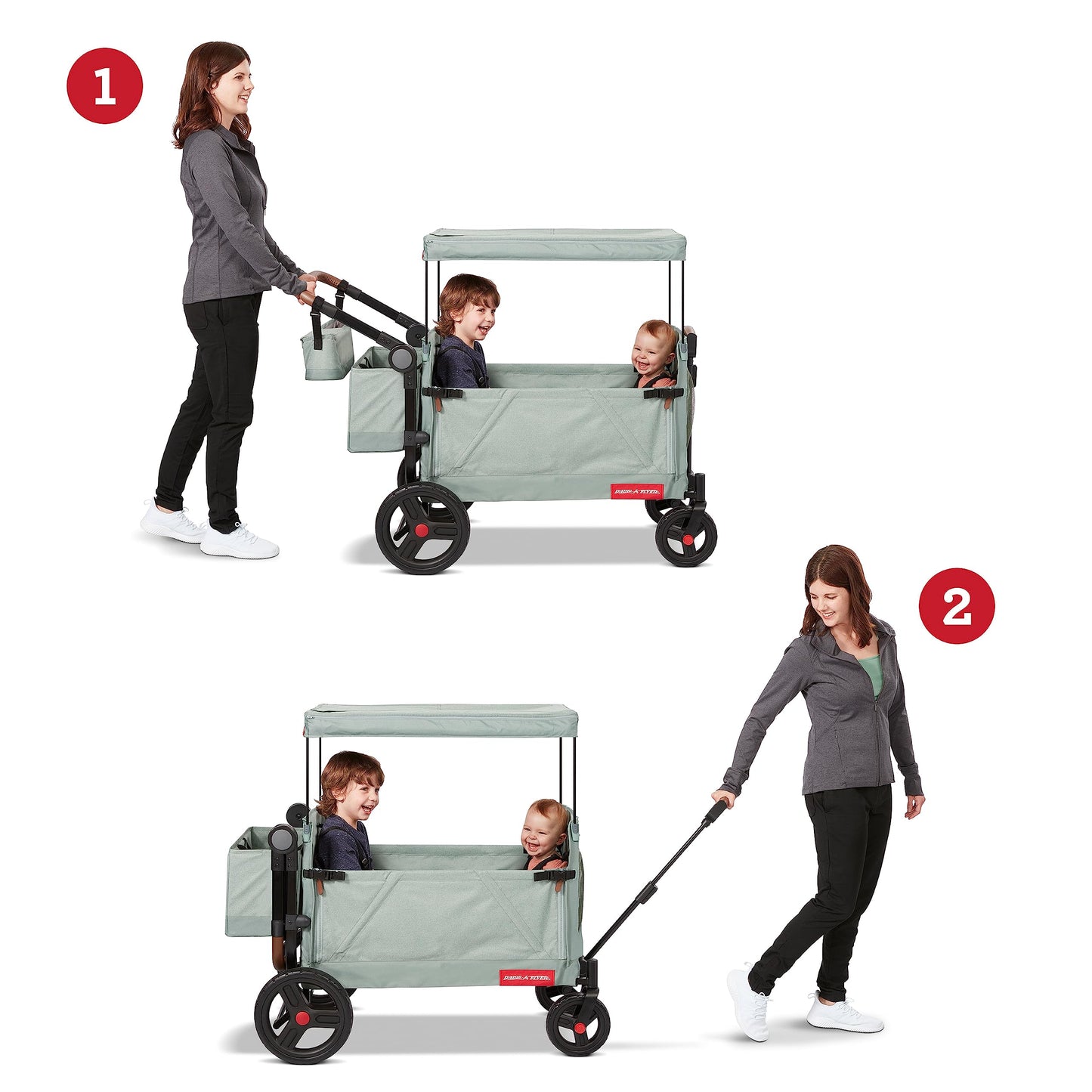 Radio Flyer Atlas Stroll 'N Wagon, Sage Green, for Ages 1+, 3-in-1 Push or Pull Versatility, One-Hand Fold, UV Canopy, 5-Point Harnesses, Storage Capabilities, Rubber Wheels, Stroller Wagon for Kids