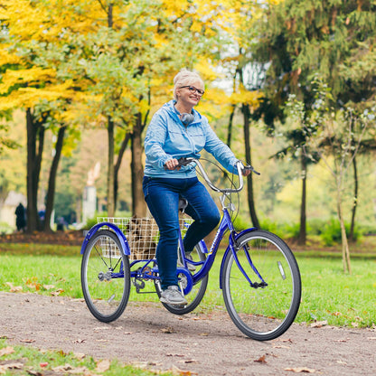 Brightpeak 7 Speed Adult Tricycle, 26 inch 3 Wheel Bike with Large Basket for Women Men Seniors, Cruiser Trike for Outdoor, Shopping, Picnic, Recreation (Blue)
