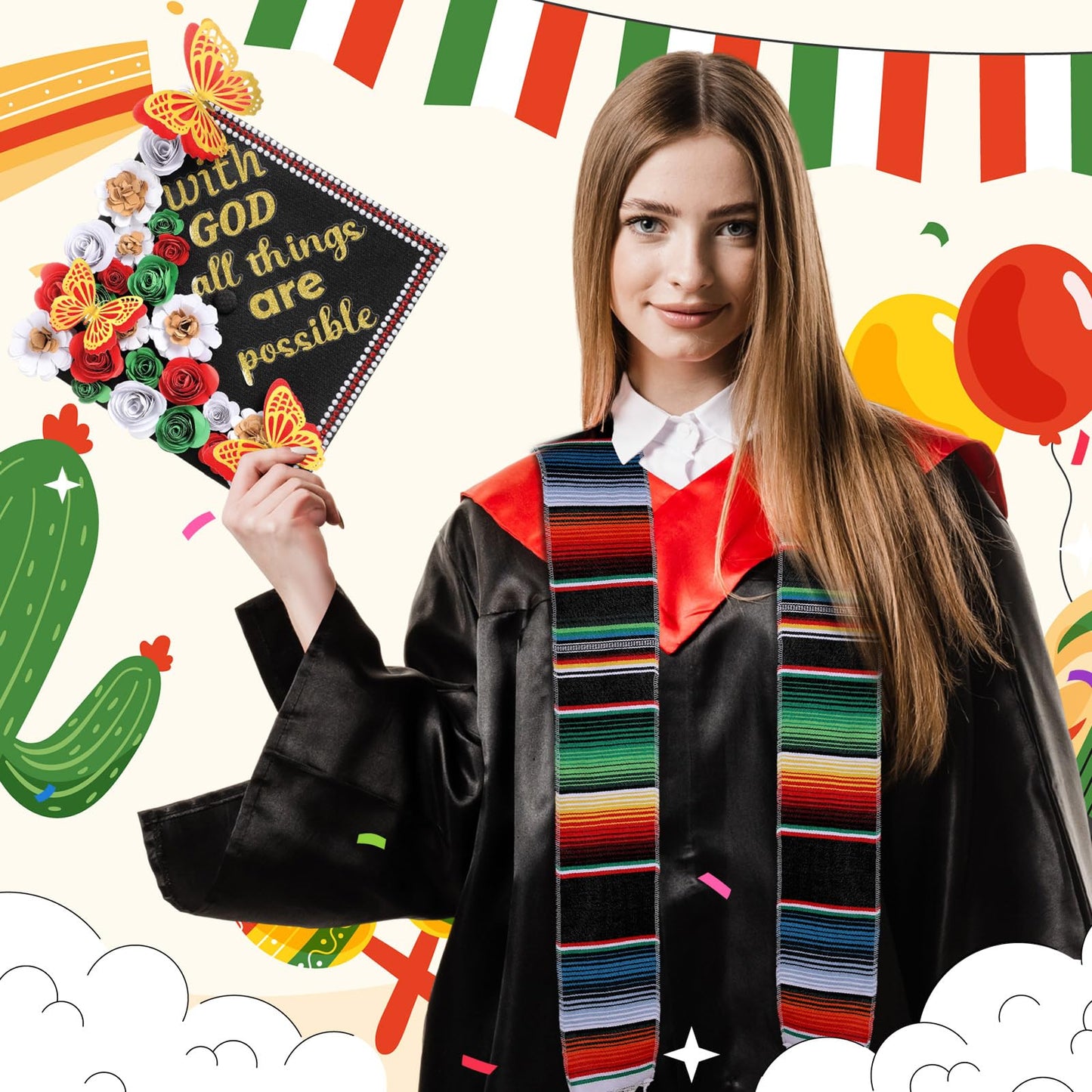 Feifeiya 44 Pcs DIY Graduation Cap Decoration Tool Kit Grad Cap Topper Faux Paper Flower Head Quote Glitter Sticker 3D Butterfly Pearl Rhinestone Sticker for Graduation Hat Decor(Red)