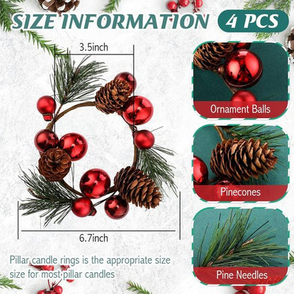 FoldTier Christmas Candle Rings - 4 Pcs Red Berries & Pine Needles Garland | Rustic Table Centerpieces