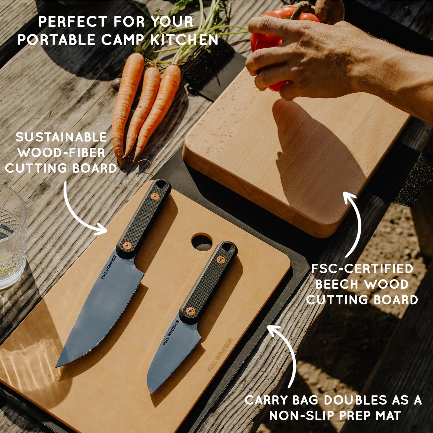 FULL WINDSOR - MagKnives Magnetic Camping Cutting Board and Knife Set - Portable Camping Kitchen Prep Kit with 2 Wood Cutting Boards, 6" Chef Knife, 3.5" Utility Knife, Carry Bag for Outdoor Cooking