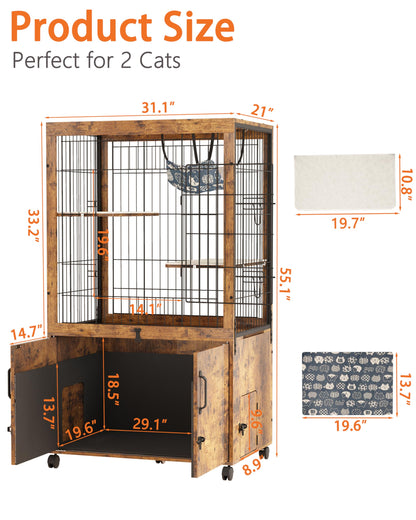 Megidok Furniture Cat Cages Indoor with Wooden Hidden Litter Box Enclosure Built-in Urine Cover Cat Kennel Cat Crates Cat Playpen - Rustic Brown