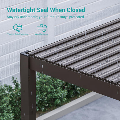 SANLUCE Patio LED Louvered Pergola, 12x14 Ft Outdoor Metal Pergolas with Adjustable Roof and LED Strip Lights, Easy Assembly Outdoor Pergola for Patio, Garden, Deck, Backyard(Brown)
