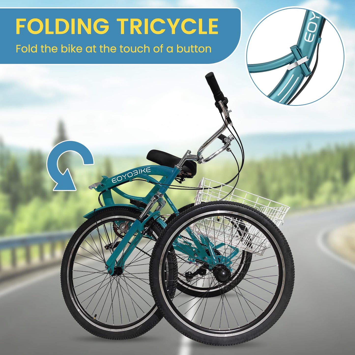 NAIZEA Folding Adult Tricycle - 7 Speed 20/24/26 Inch Folding Tricycle for Adult, 3 Wheel Bike, Foldable Trike with Large Basket/Low-Step Through for Men Women Senior