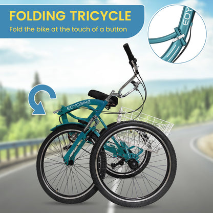 NAIZEA Folding Adult Tricycle - 7 Speed 20/24/26 Inch Folding Tricycle for Adult, 3 Wheel Bike, Foldable Trike with Large Basket/Low-Step Through for Men Women Senior
