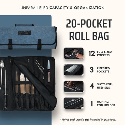 Asaya Waxed Nylon Chef Knife Roll Bag with 20 Slots and Zippered Pockets - Professional Chef Knife Bag & Storage Case, Tool Carrier with Shoulder Strap - Knives Not Included (Blue)