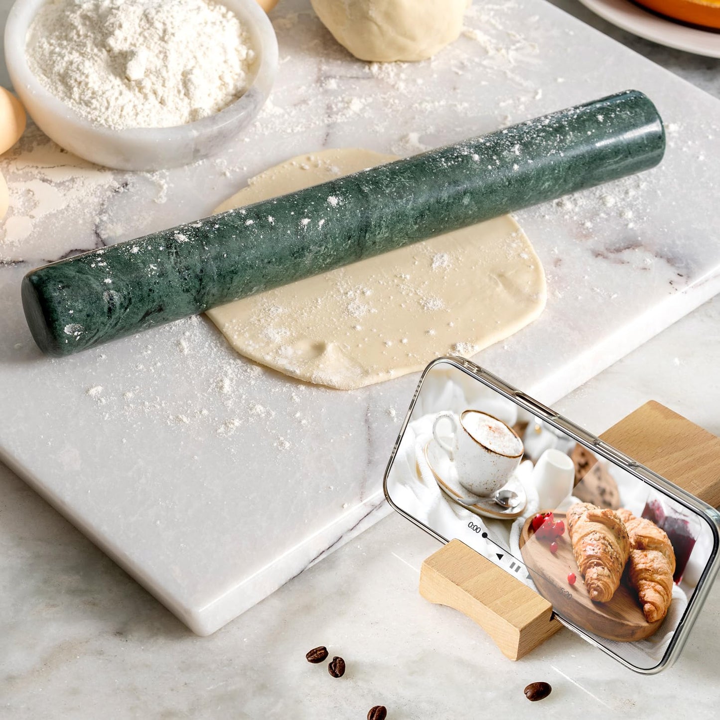Erongoo Marble French Rolling Pin for Baking, 12 Inch Non Stick Polished Rolling Pin for Dough, Heavy Dough Roller for Fondant Pizza Pie Crust Cookie Pastry Bread, Kitchen Baking (Indian Green)