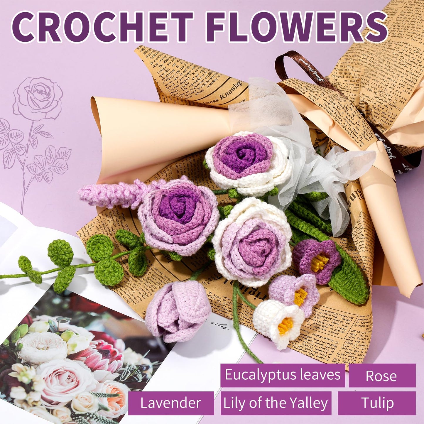 Kogyxe Crochet Kit for Beginners, Purple Rose Crochet Flowers for Adults with Step-by-Step Video Tutorials, DIY Crochet Bouquet Kits Knitting Supplies Include Floral Wire, Newspaper