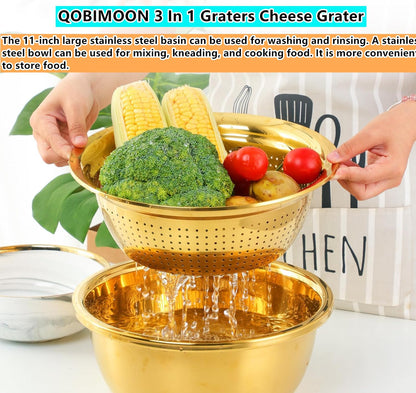 QOBIMOON 3PC/Set Colander set Stainless Steel Vegetable Slicer Fruit Potato Peeler Carrot Grater Strainer Utensil Round Rice Washer Bowl Drain Basket-Gold