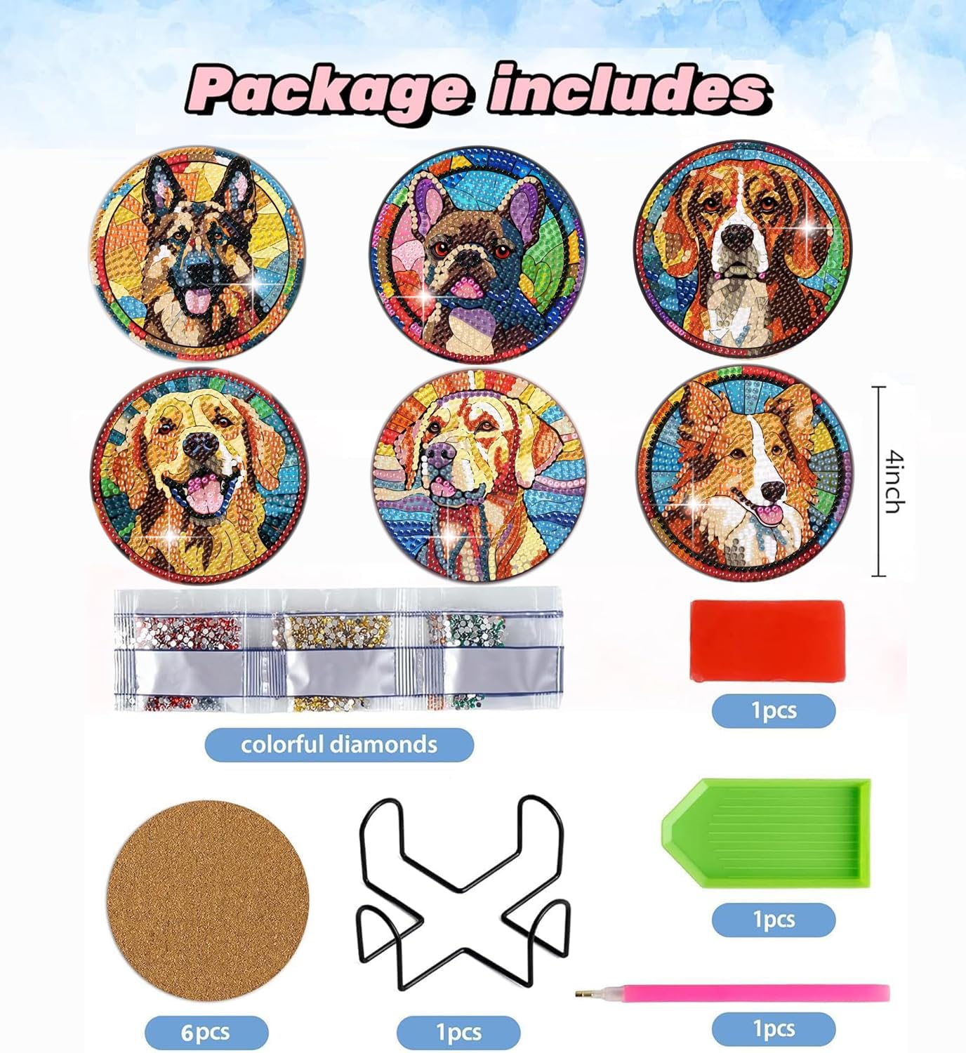 Puraikcmi 6pcs Dogs DIY Diamond Art Painting Kits Coasters with Holder, Diamond Coasters by Number Adults Crafts Full Drill Round Mosaic Stitch Art Craft Supplies