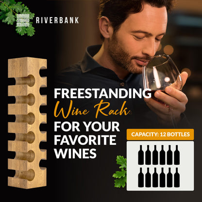 Riverbank Natural Oak Wine Rack, Elegant Free Standing 12-Bottle Holder, Made of Solid Wood, Wooden Wine Stand, Stylish & Luxurious Home Décor (Natural Oak, 12-Bottles)