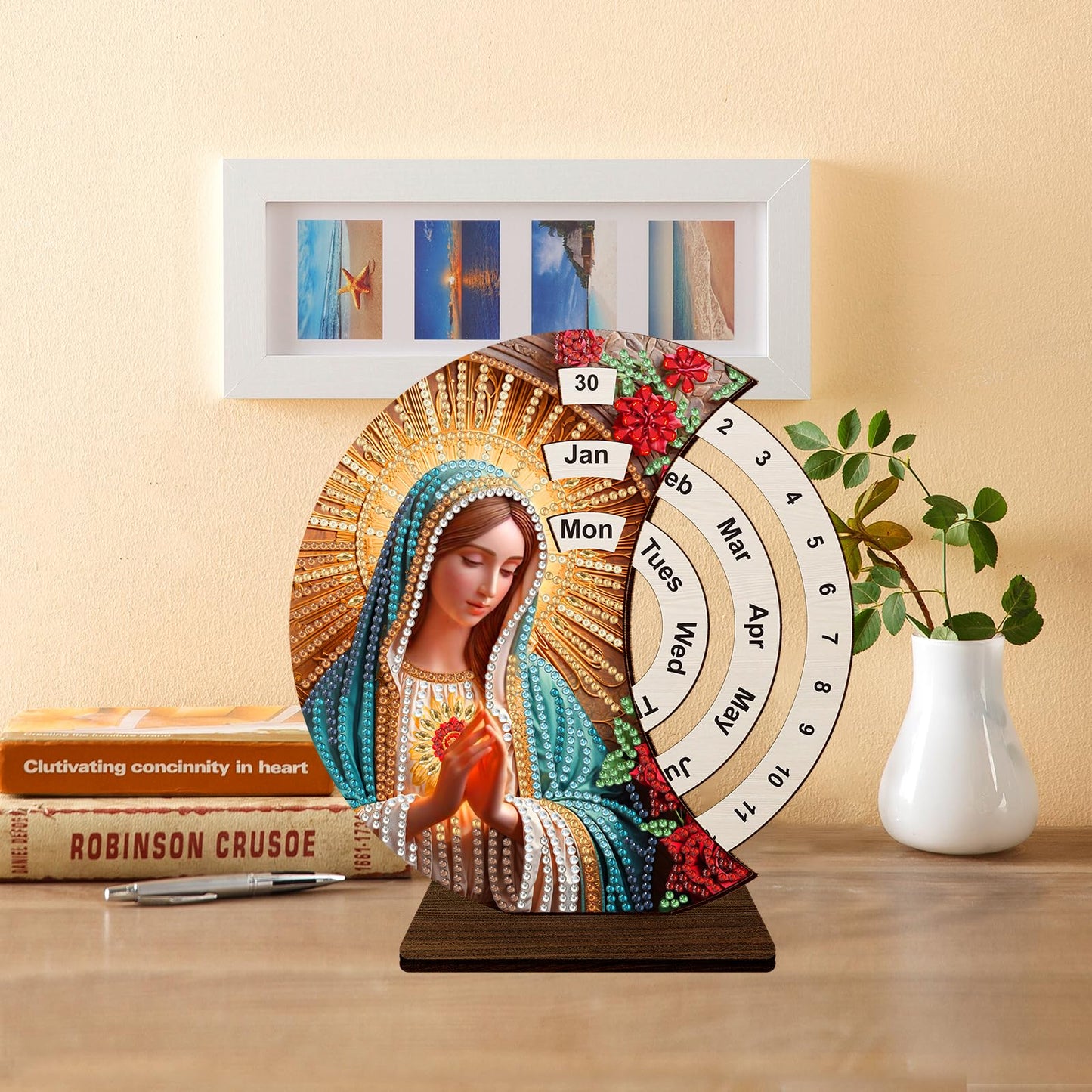 F-CANLAN 5D Diamond Painting Decorations Ornaments - Virgin Mary Pray Calendar Decorated Desktop Diamond Dots Arts Crafts Set Virgin Mary Calendar Decorated Desktop Paint with Diamonds (19X18 CM)