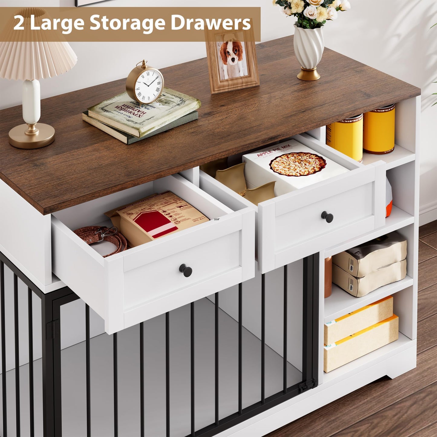 Garvee 47 in Dog Crate Furniture with 2 Storage Drawers, 4 Deep Shelves, Farmhouse Extra Large Wooden Dogs Cage End Table, Multi-Functional Indoor Dog Kennel for Large Medium Dogs