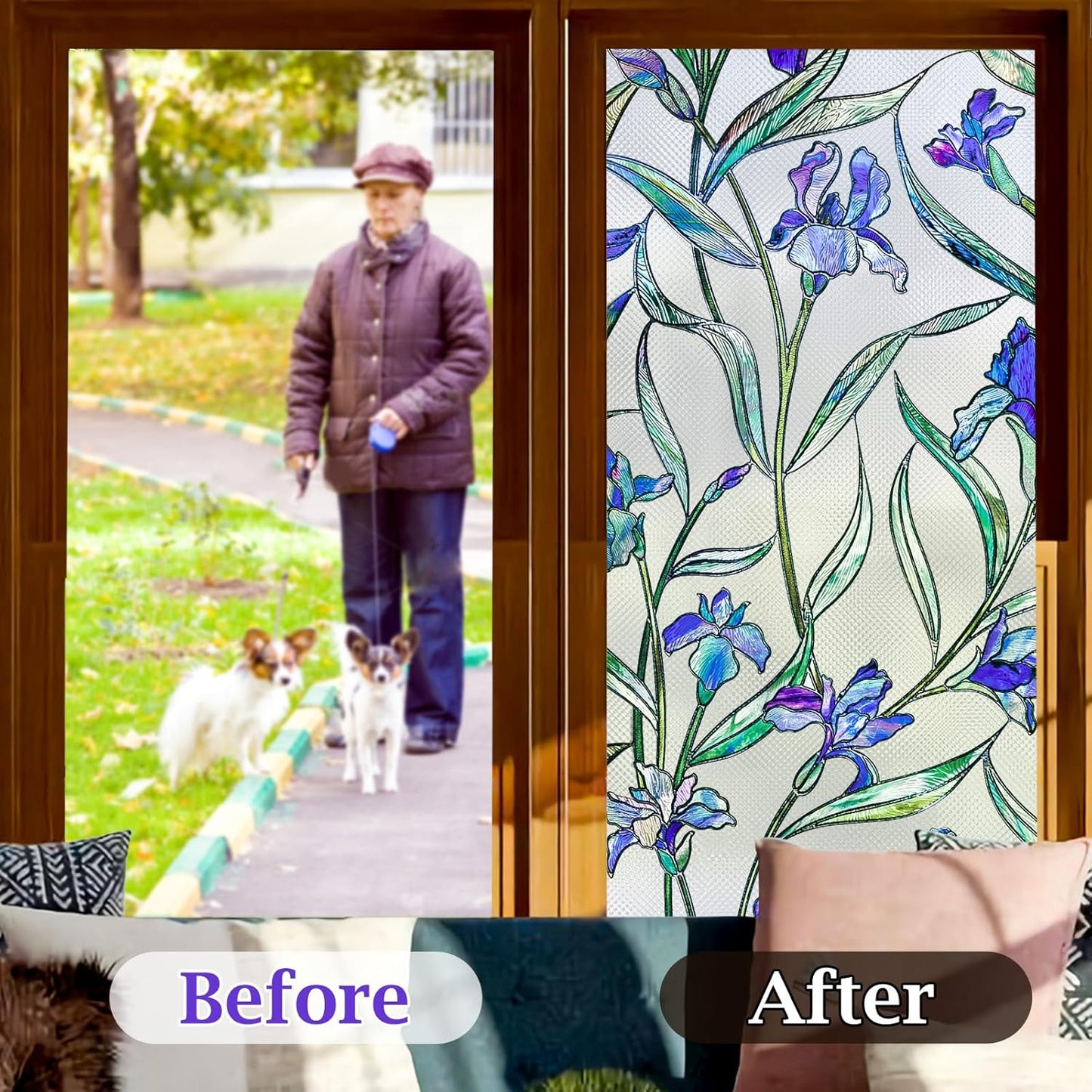 Coavas Stained Glass Window Privacy Film, 3D Violet Flower Static Cling Decals, 17 x 118.1 Inch, Bathroom Sun Heat