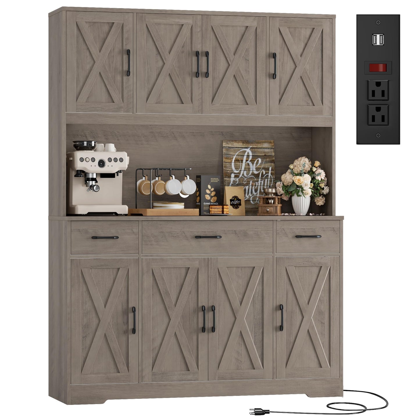 HOSTACK 71" Tall Pantry Cabinet with Charging Station, 55" Wide Kitchen Pantry Storage Cabinet with Countertop, Large Kitchen Hutch with Storage Drawers and Microwave Stand for Dining Room, Ash Grey