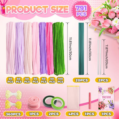 Pipe Cleaners Craft Flowers Kit 791 Pcs, 400 Pcs 7 Colors 8mm Fuzzy Pipe Cleaners Bulk (Tulips/ Lilies), 360 Pcs Stamen, Chenille Stems for DIY Flower Making Kit Crafts, Floral Stems & Tape & Ribbon