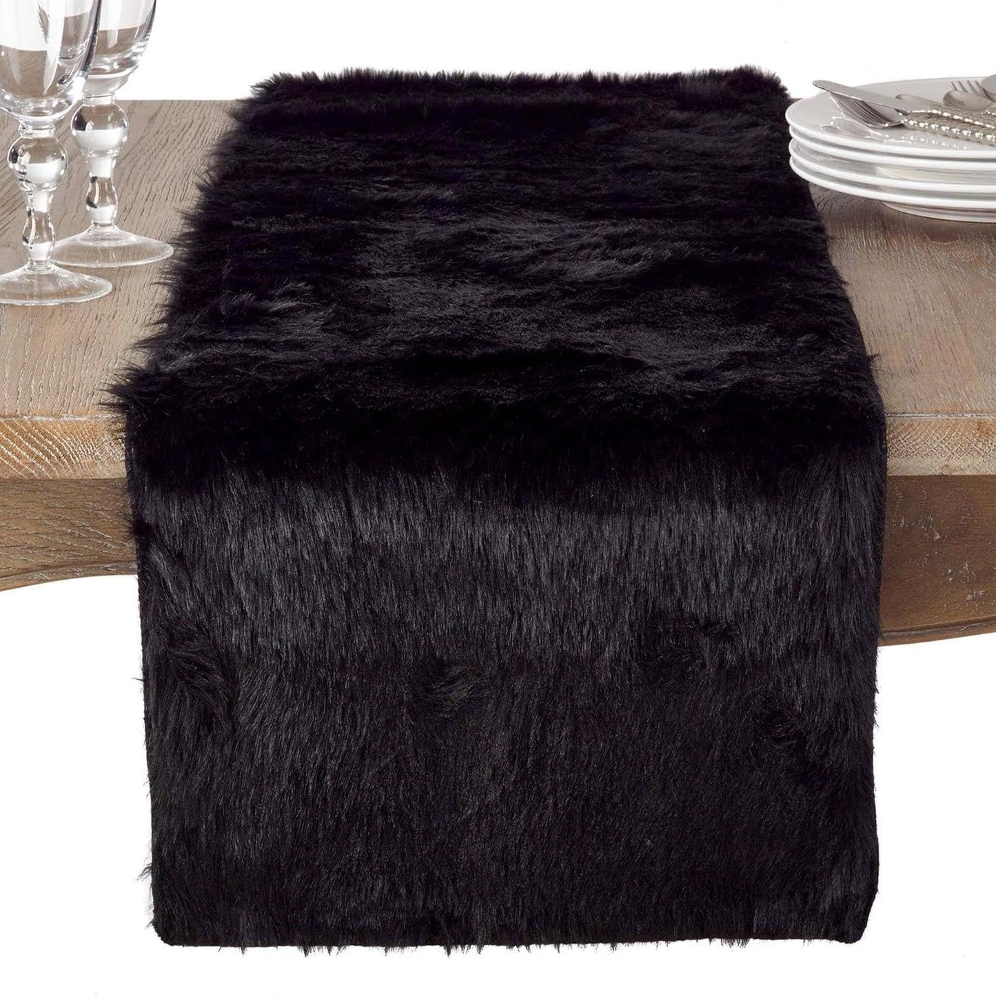 Faux Fur Design Table Runner, 15"x72", in Black