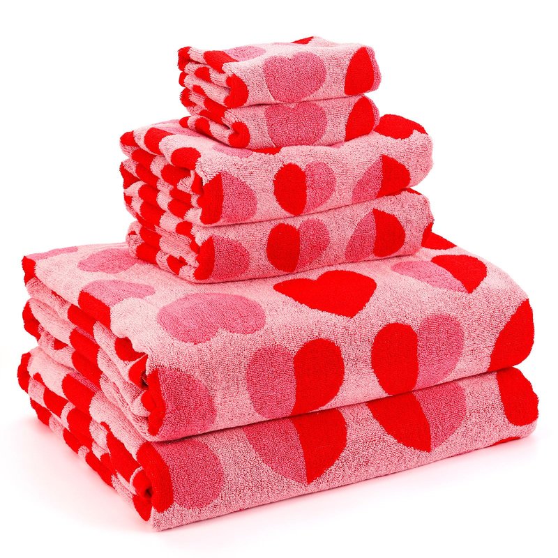 Whaline Valentine's Day Bath Towels Set of 6 Jacquard Cotton Bathroom Towel Red Pink Heart Hand Towel Wash Cloth for Holiday Hand Drying Shower Supplies