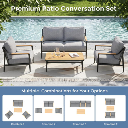 Jocoevol 4 Pieces Outdoor Sofa Conversation Set, 4 Seats Couch Set with Table, Metal Frame Rope Weaving Design UV Resistance Waterproof for Patio Garden Balcony, Grey