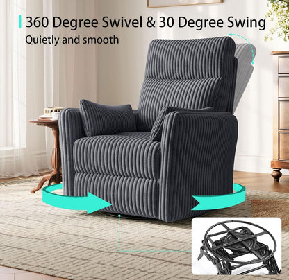 LINSY 360 Swivel Recliner Chair, Nursery Glider Rocking Chair with 2 Pillows, Corduroy Nursing Chair Comfy High Back Adult Rocker Recliner for Small Spaces, Nursery Bedroom Living Room (Gray)