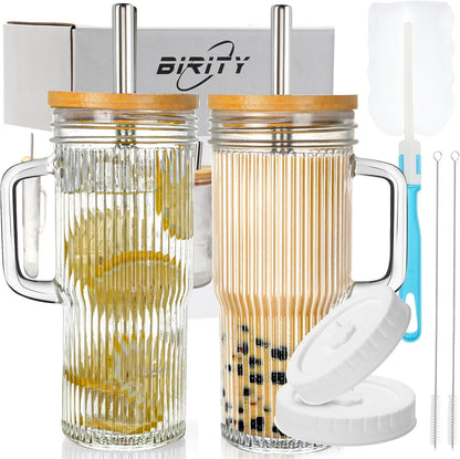 Birity 24oz Ribbed Glass Cup Set - Reusable Tumbler with Lids & Straws | Perfect for Iced Coffee, Smoothies & More