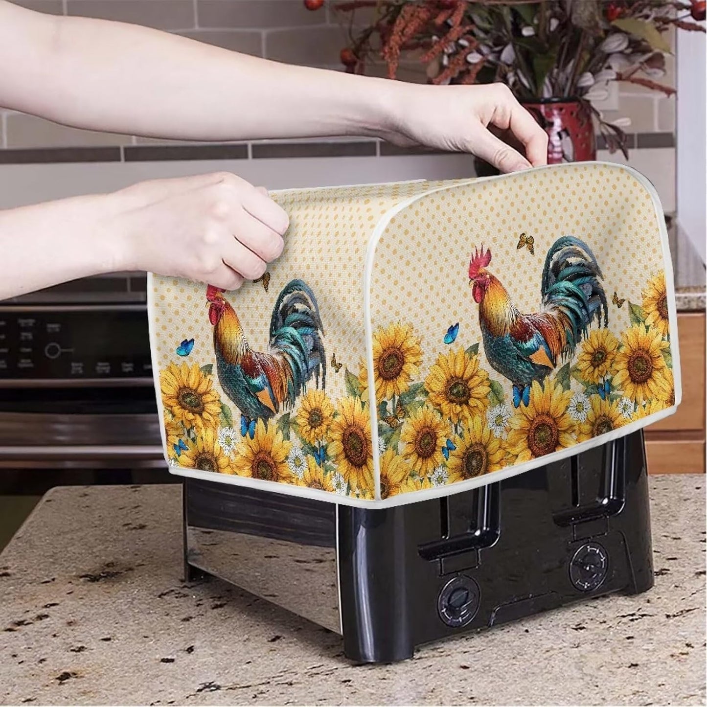 Rooster Sunflower Toaster Covers, Waterproof Kitchen Appliance Covers, Anti Dust Protection for 2 Slice Toaster
