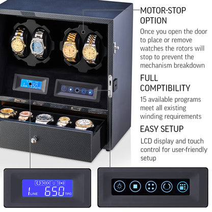4 Watch Winder with 5 Watch Storage Space, LCD Display, Touch Control and Interior Light (Black + Black)