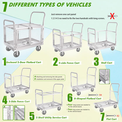 Platform Truck Cart with Cage 2-Door Design 7 in 1 Mutipurpose Handcart with 5" Wheel 39"x25" Large Uitility Cart, Mesh Plate w/Removalble Fence 6-Side, Load 2000lbs for Grocery/Laundry/Stall/Storage