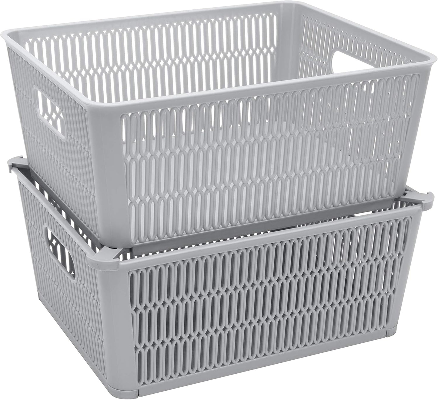 Simplify 2Pk Large Slide Stack It Tote Basket, Open Bins for Storage & Organization, Bathroom, Crafts, Office (Grey)