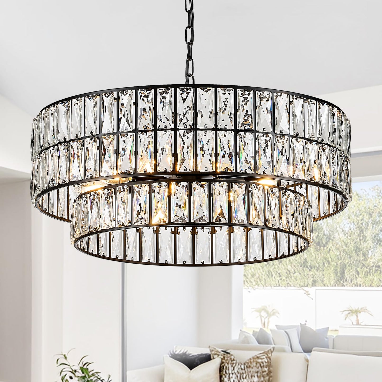 CATINER 24'' Black Crystal Chandeliers Luxury 8-Lights Pendant Chandelier Drum Semi Flush Mount Ceiling Lights for Living Room Dining Room Foyer Bedroom Kitchen