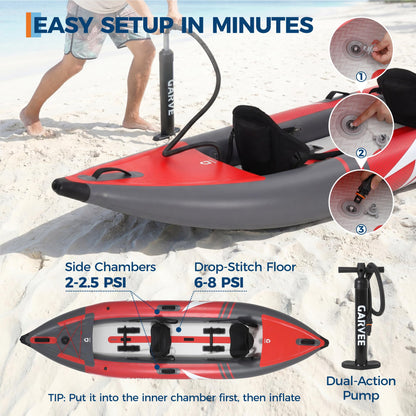 GarveeLife 2 Person Inflatable Kayak，Fishing Kayak for Adults, Portable Touring Kayaks with Padded Seat, 3 Fins, Hand Pump, Carry Bag, Repair Kit，12.5FT/450 LBS Weight Capacity