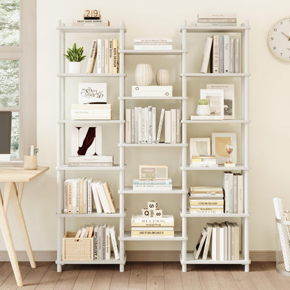 IOTXY Wooden Triple Wide Bookshelf - 6-Tier Large Shelf Bookcase with Solid Beech Frame, Tall Freestanding Open Etagere Display Rack for Home Office, White