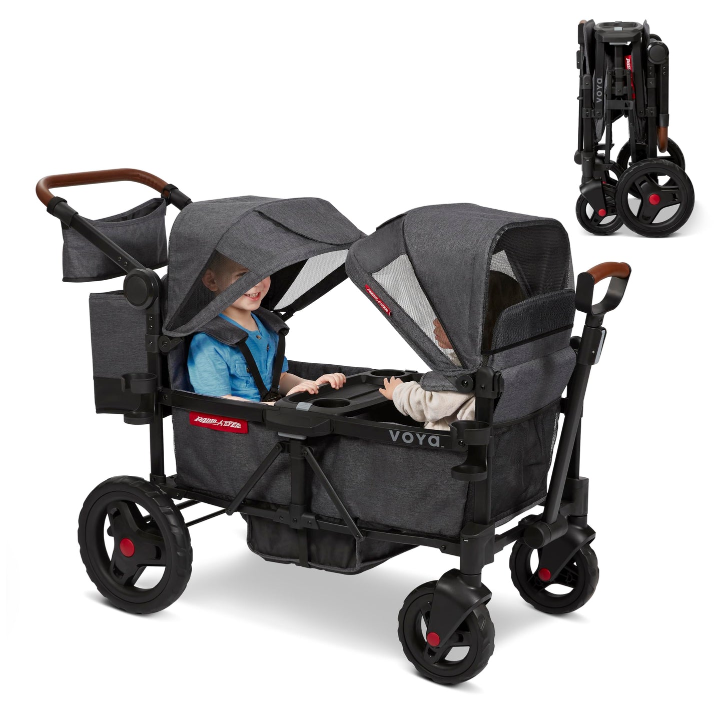 Radio Flyer Voya Stroller Wagon, for Toddlers and Kids 6+ Months, Push or Pull, 2 Seats, Dual Sun Canopies, Compact Fold, Lightweight, Storage Space, 5-Point Harnesses, Stroller Wagon for Kids