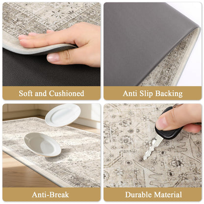 Pauwer Anti Fatigue Kitchen Floor Mats Set of 3, PVC Foam Padded Kitchen Rugs, Non Slip Cushioned Comfort Standing Mat, Waterproof Sink Rug for Small Kitchen Area, Laundry Room, Khaki