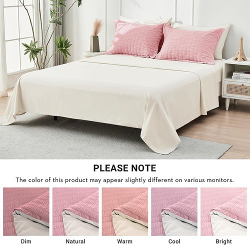 HYMOKEGE California King Comforter Set - Luxurious 7-Piece Seersucker Bedding in Pink/Ivory